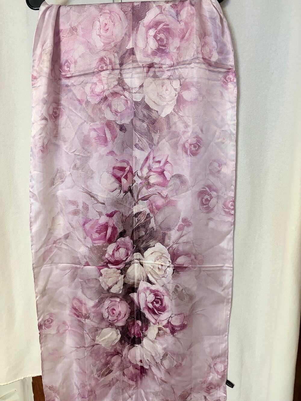 VTG 100% Silk Painterly Floral Bouquet Scarf Pink & White Roses Long Wrap